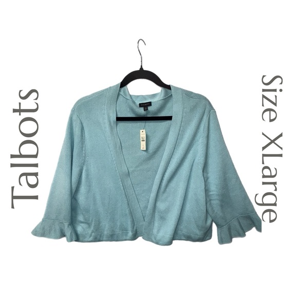 Talbots Sweaters - Talbots - Light Blue Open-Front Cardigan - Ruffle Sleeve - Cotton Blend - XLarge
